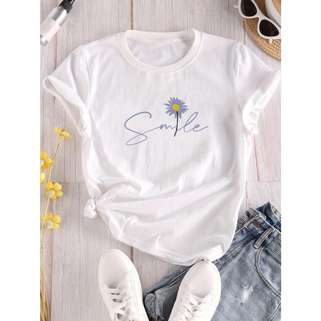 Футболка с круглым вырезом и цветочным принтом, повседневная футболка с коротким рукавом для весны и лета, женская одежда