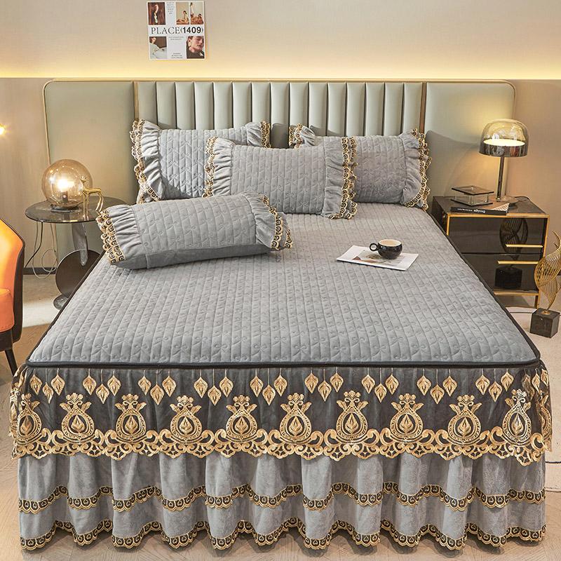 Dark Blue Luxury Lace Winter Bedspread Thick Home Bed Skirt-style Bed Sheets Embroidery Cotton European-style Bed Spreads