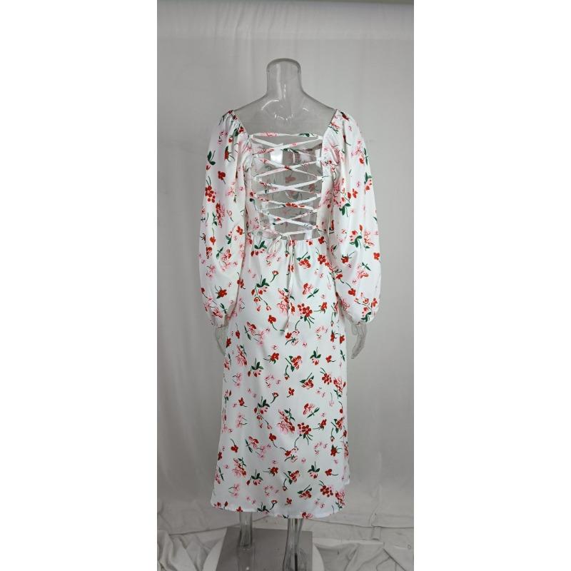 Весенние женские темпераментные элегантные платья с разрезом и рукавами-фонариками с принтом