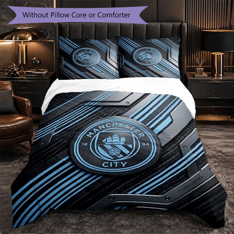 Manchester City Pattern 3 Pieces Bedding Set Soft Microfiber Duvet Cover with Pillow Cases for Bedroom
