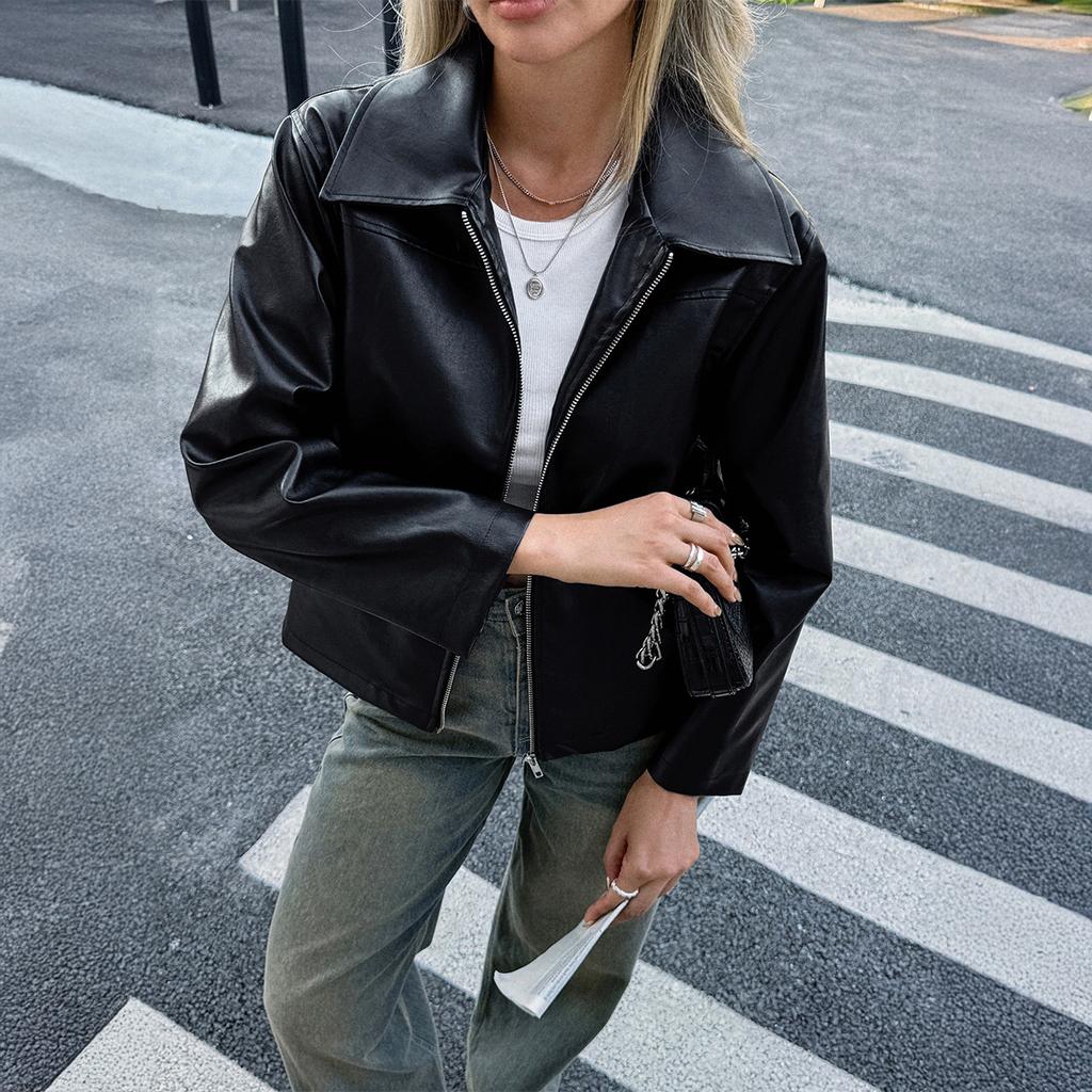 Простая кожаная куртка с длинным рукавом для женщин 2025 Осень и Зима