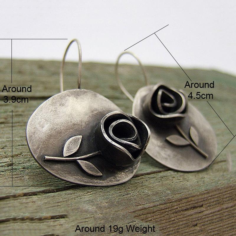 Bohemian Asymmetric Leaf Rose Flower Earrings Vintage Jewelry Ancient Silver Ethnic Wind Earrings New