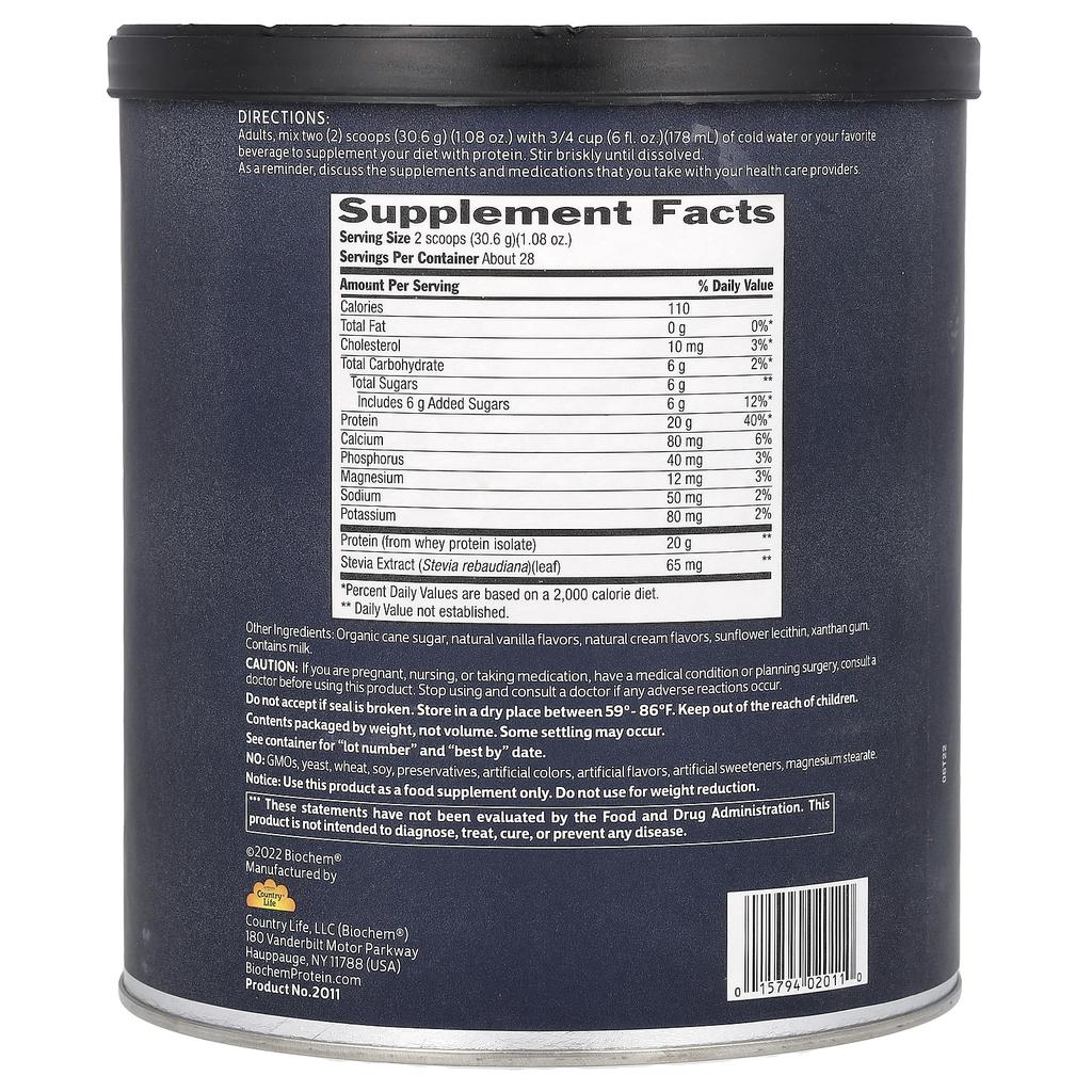 Biochem 100% Whey Protein Isolate, Vanilla Flavor, 857g (30.2oz)