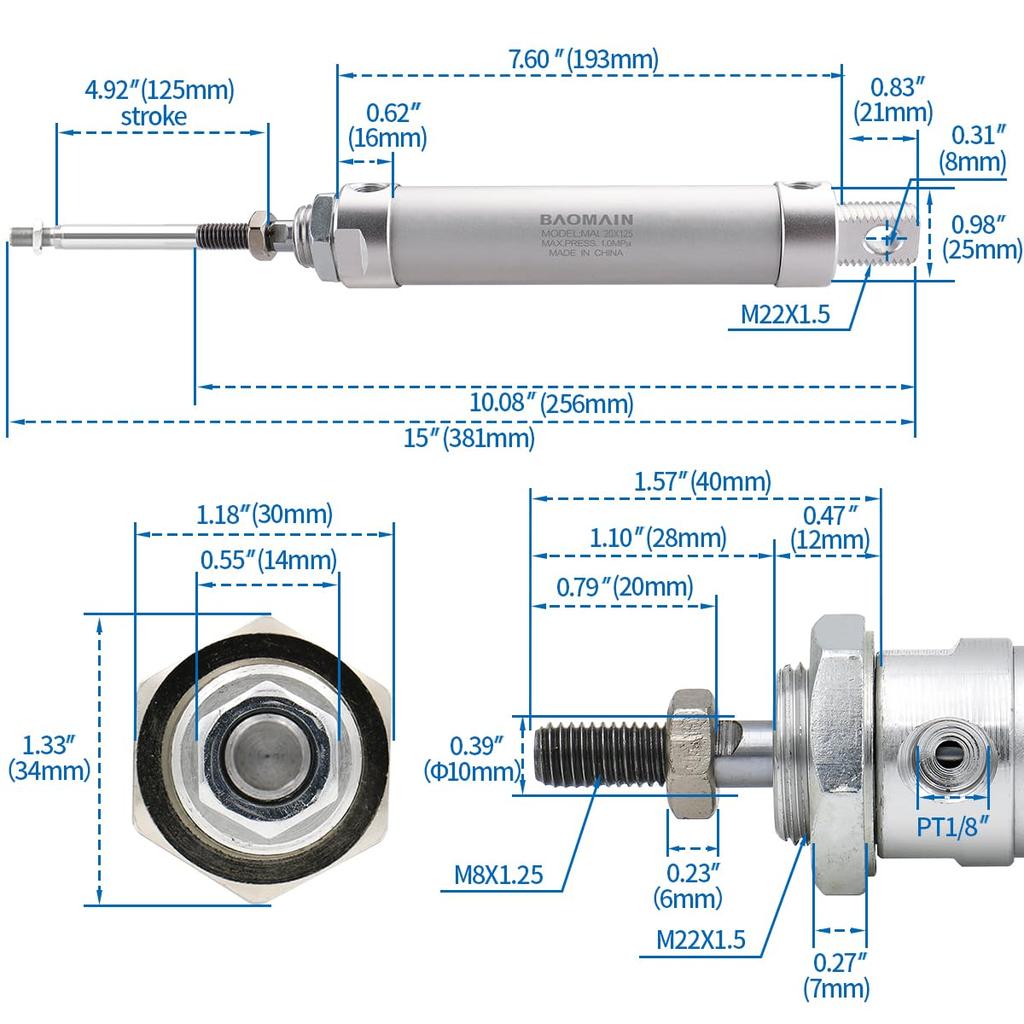 Baomain Pneumatic Air Cylinder MAL 20 X 125 Bore 0.79 Inch(20 mm),Stroke 4.92 inch(125mm),Single Rod Double Acting Stainless Steel Mini
