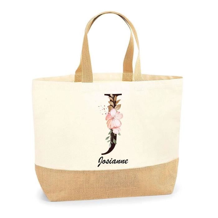 Cabas de plage - PLANETEE - Josianne Lettre Fleur - Jute naturel - Poignées solides - Multicolore