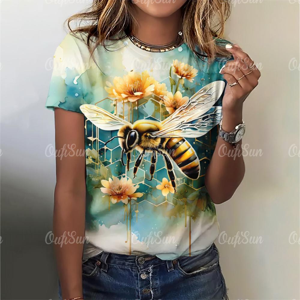 2025 Модные женские футболки, блузки с принтом пчелы, топы для женщин, базовые повседневные женские футболки с принтом, свободная женская одежда