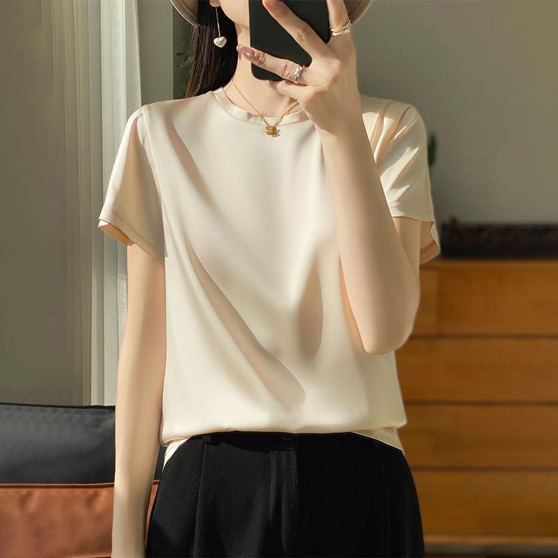 Spring and Summer Women's T-shirt Silk Loose Round Neck Solid Colour Temperament Short-sleeved T-shirt Tops