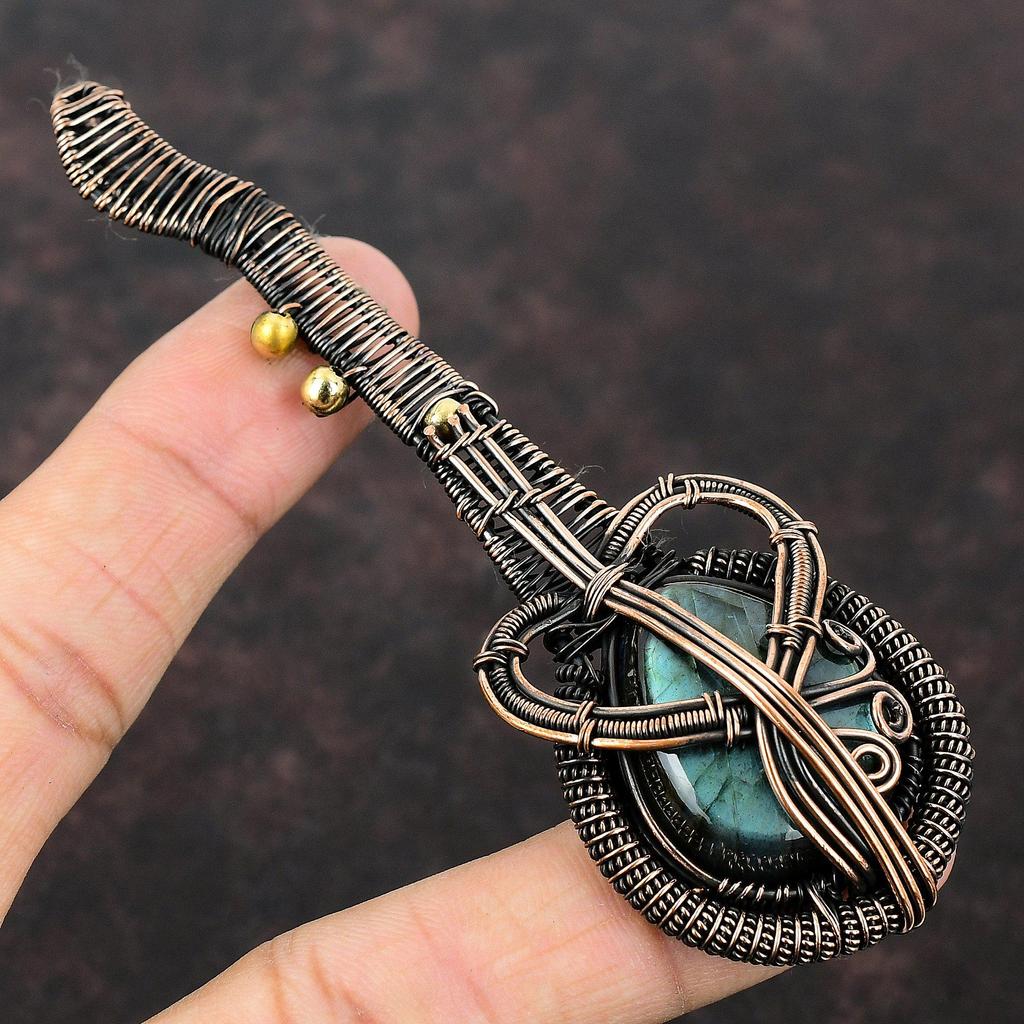 Лабрадорит, медная проволока, кулон, ювелирные изделия из лабрадорита для женщин, элегантный кулон из драгоценного камня, ювелирные изделия ручной работы, кулон в виде гитары, подарок для девушки