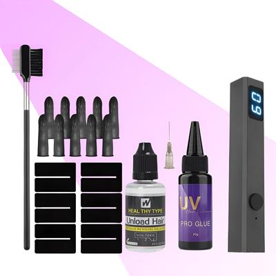 Набор для наращивания волос с УФ-лампой - полный комплект с УФ-лампой, клеем, средством для снятия и аксессуарами, супербыстрое средство для снятия с невидимым наращиванием