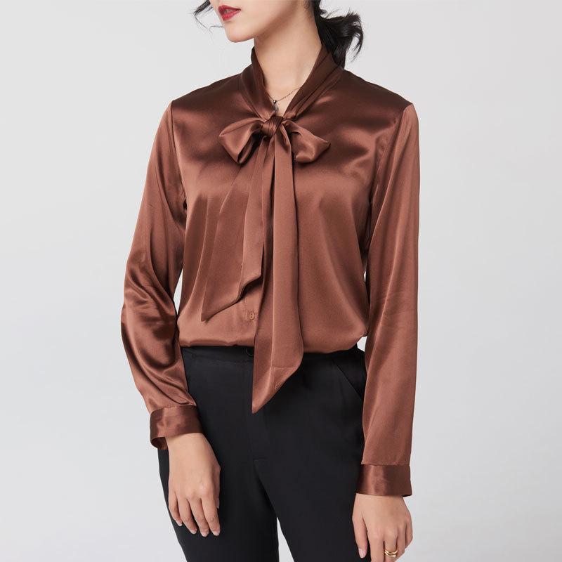 Women's Early Spring Mulberry Silk Satin Blouse with Bow - Long Sleeve