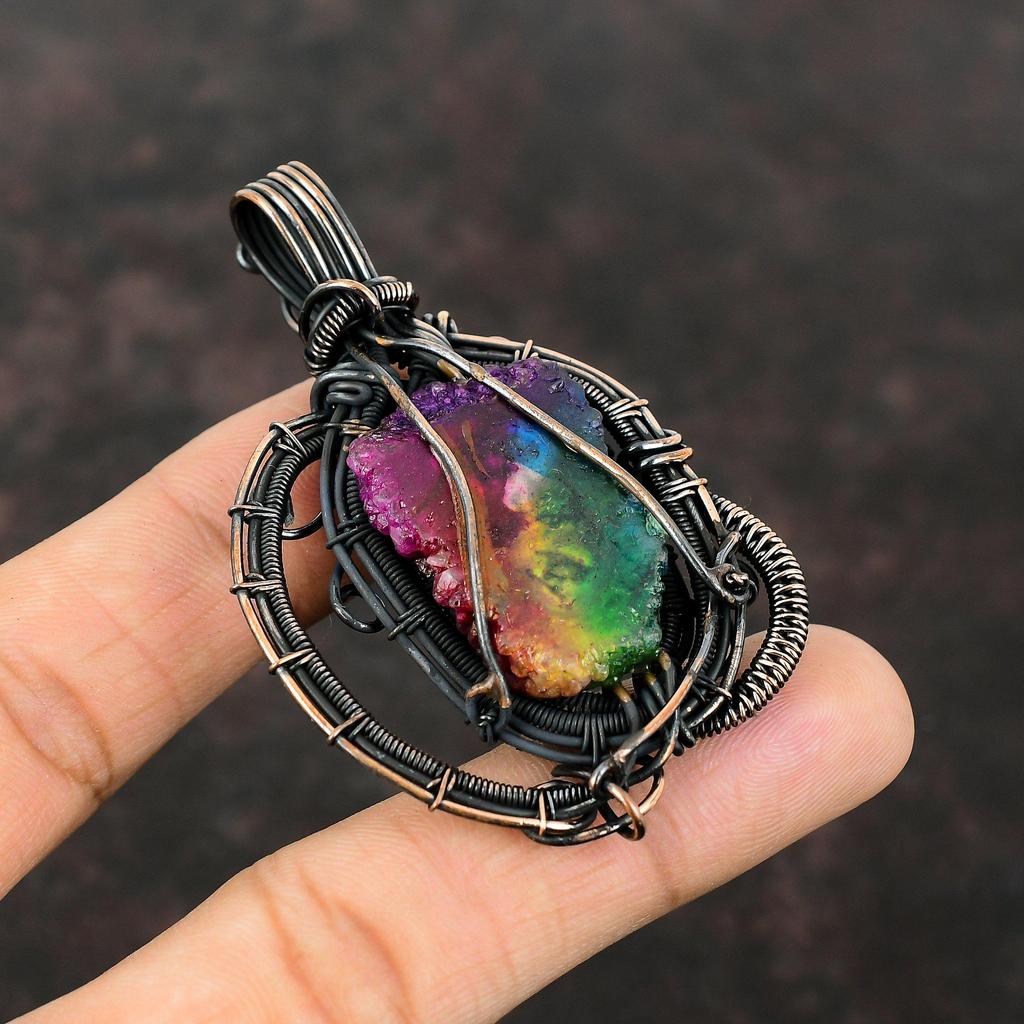 Подвеска Rainbow Solar Quartz Druzy, подвеска из медной проволоки, подвеска ручной работы из драгоценных камней, медные украшения, подвеска в стиле бохо-хиппи, подарки на помолвку