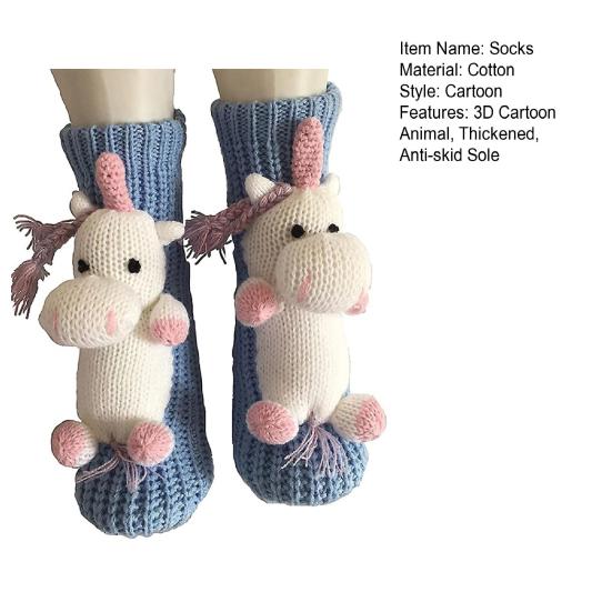 1 Pair Winter Socks 3D Cartoon Animal Socks Knitted Anti-slip Mid-tube Thickened Elastic Keep Warm Floor Socks with Silicone Dot Soles