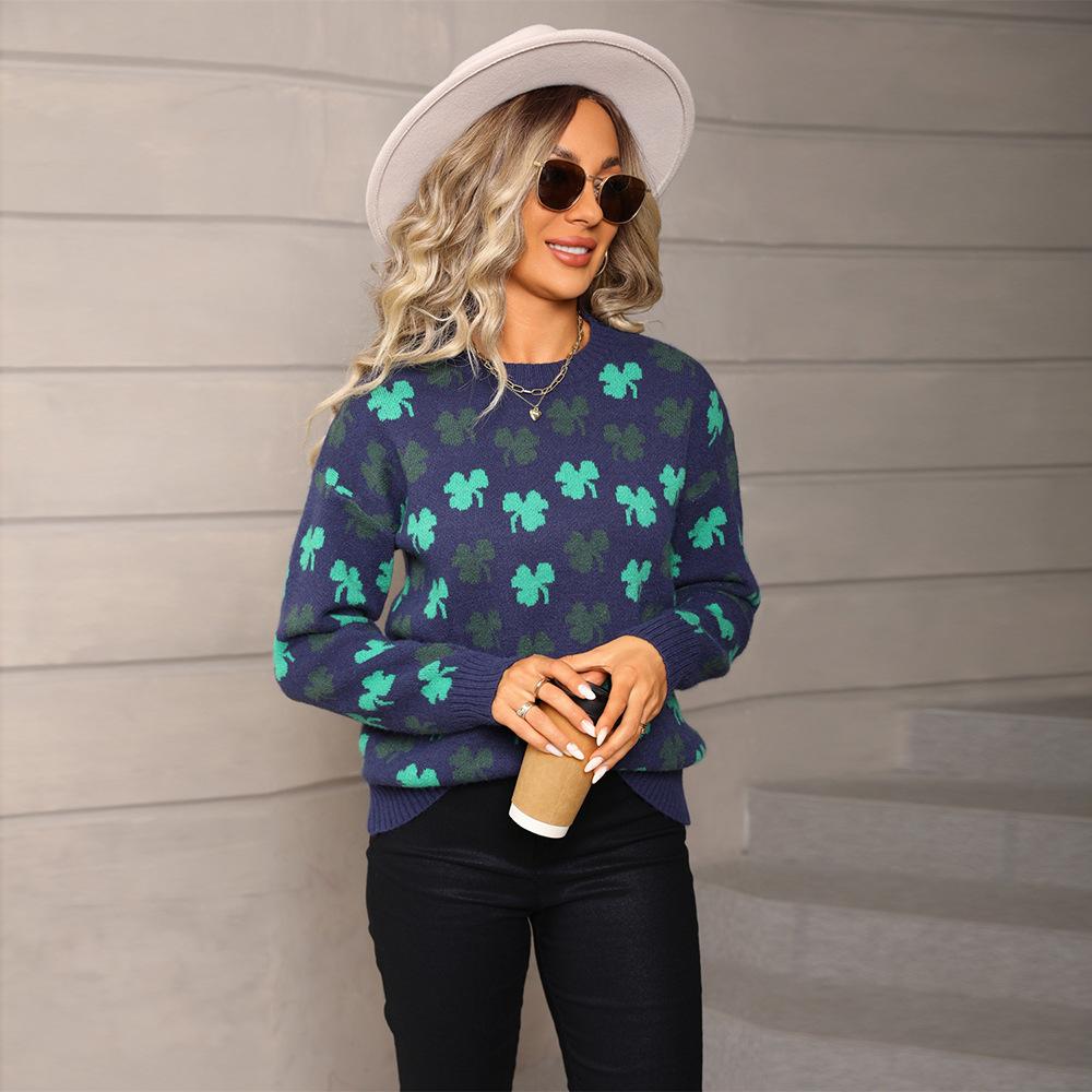 Свитеры Нового Стиля Осень-Зима, Женский Вязаный Свитер Крупной Жакардовой Вязки, Топ с Круглым Вырезом, Осенняя Уличная Мода