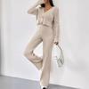 Autumn and Winter Women's Fashion Casual Straight Trousers Temperament Loose V-neck Pit-stripe Knitting Pant Suit