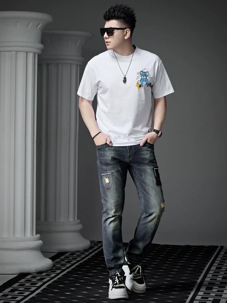 Ozhouzhan Men's High end Bear Print Short sleeve T-shirt 2025 New Summer Trendy All-Match Half Sleeve Top Clothes