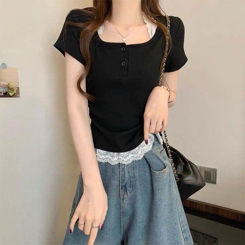Pure desire sexy slim-fit lace splicing hem short-sleeved T-shirt women's summer folds pinch waist inner small top