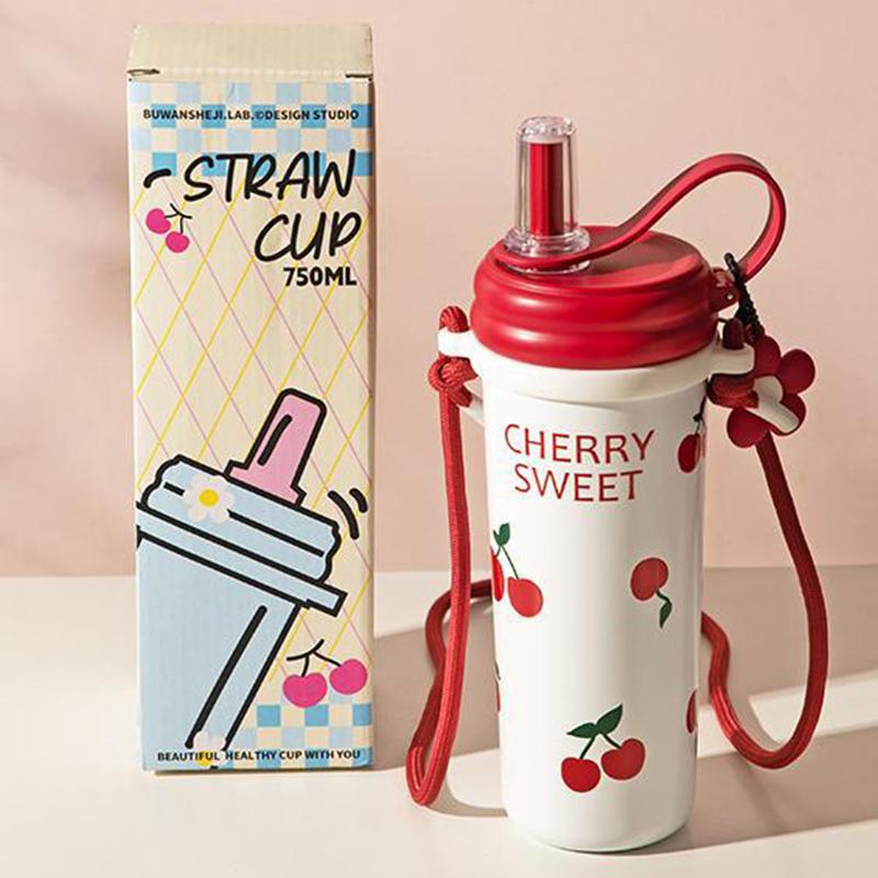 750ML Straw Thermal Cup Stainless Steel Vacuum Flask Insulated Water Bottle with Lifting Rope And Strap for Cold Hot Beverages