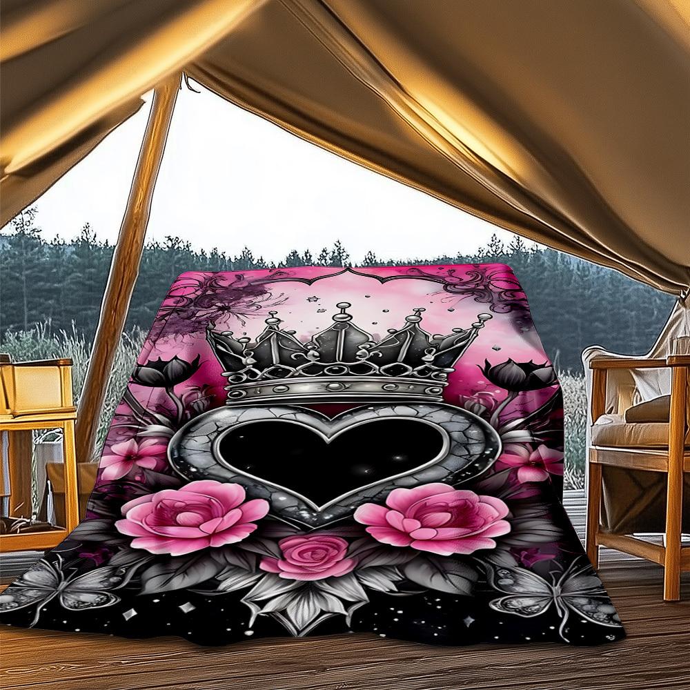 1pc Crown Heart Floral Decor Outdoor Flannel Blanket Soft All Season Polyester Throw , Perfect for Picnics & Travel , Picnic Accessory