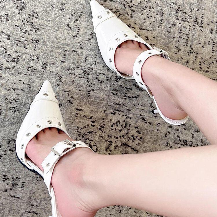 Spice Girl Personality Belt Buckle Rivet White High Heels 2025 New Muller One-Word Buckle Belt Baotou Half Slippers Women
