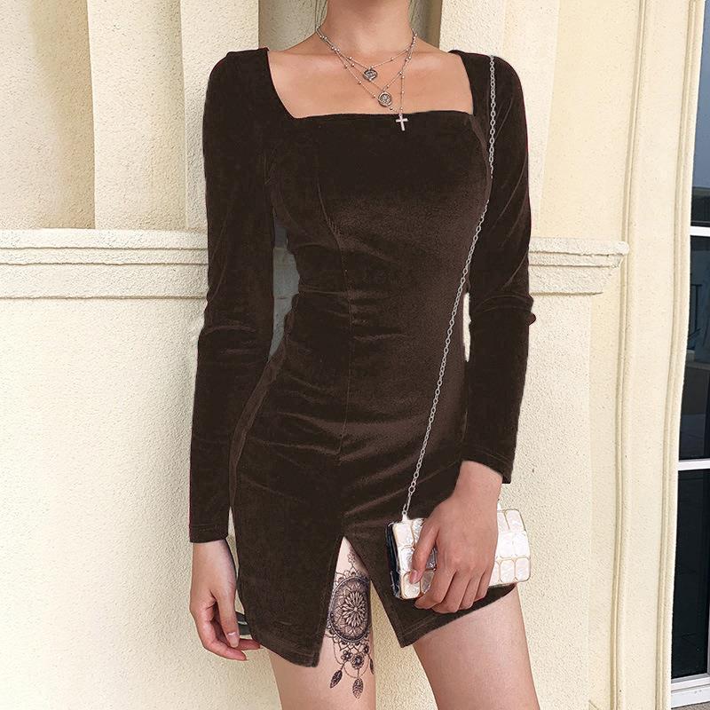 Autumn New Solid Color Velvet Dress Sexy U-neck Style Round Neck Slit Skirt