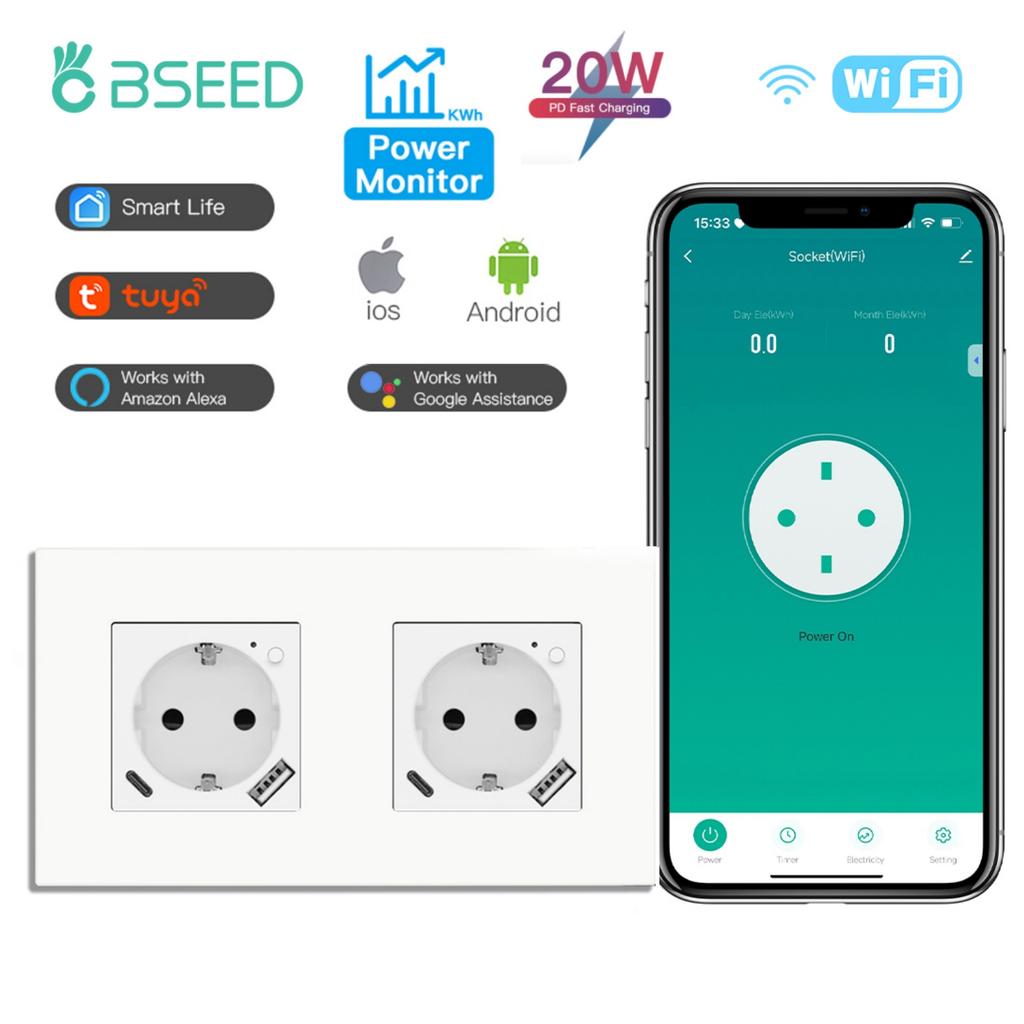 BSEED Wifi EU Socket With Normal Type-c USB Fast Charging Ports Smart Sockets Support Tuya Smart Life Alexa App Plastic Frames