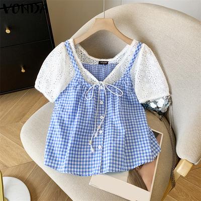 Женская блузка с коротким рукавом, кружевной крючок, ажурная, пэчворк, клетчатая, повседневная