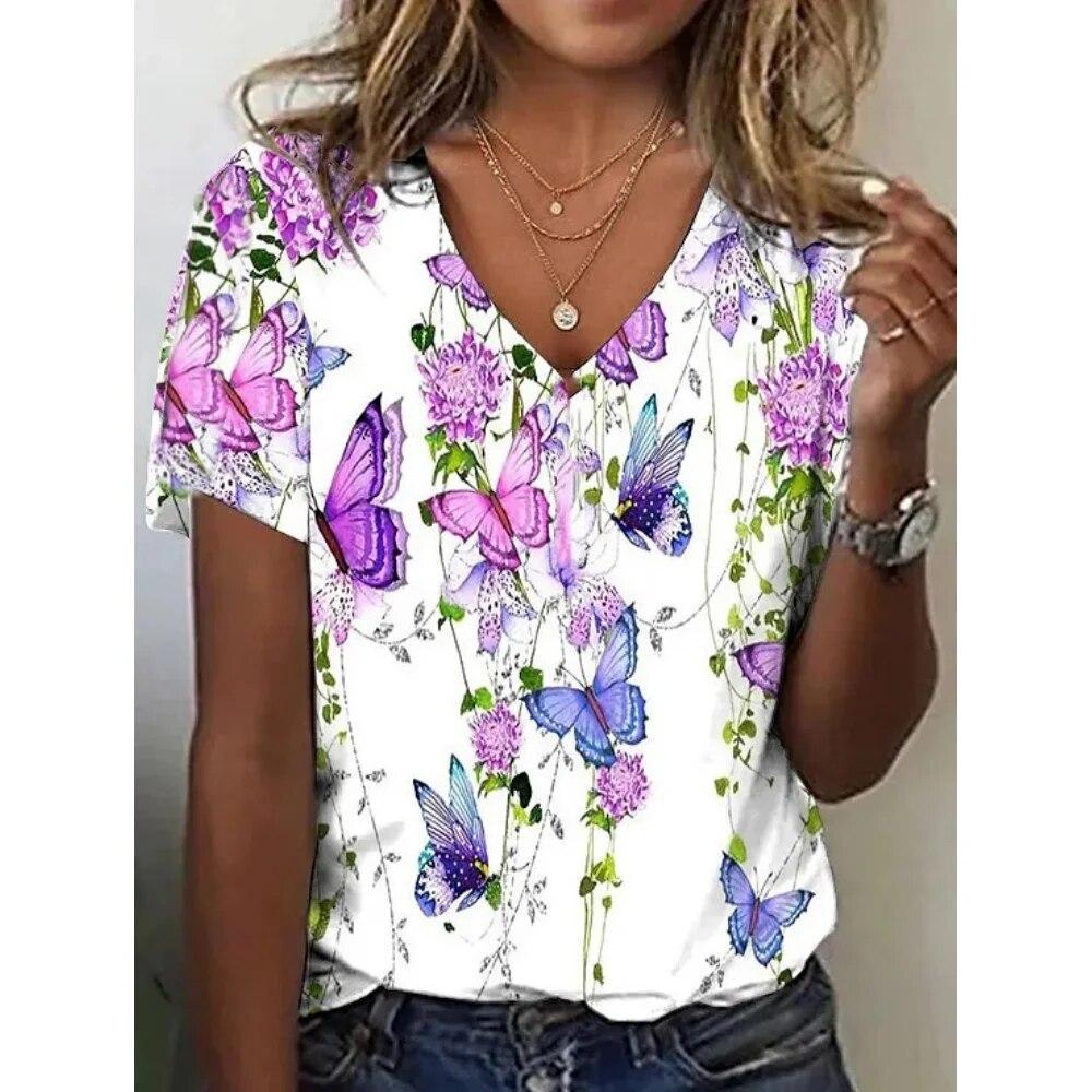 Fashion Women'S T-Shirt 3d Flowers Print Clothing V-Neck Short Sleeve Tops Summer Harajuku Ladies Pullover Oversized Female Tees
