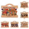 4Pcs/set Wooden Beads Bracelet Multicolor Women Boho Bangles With Hollow-out Pendant LM