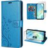 Case for Samsung Galaxy A16 4G/5G - BOOLING - Blue Leather Effect Plant Butterfly Pattern - 2 Tempered Glasses