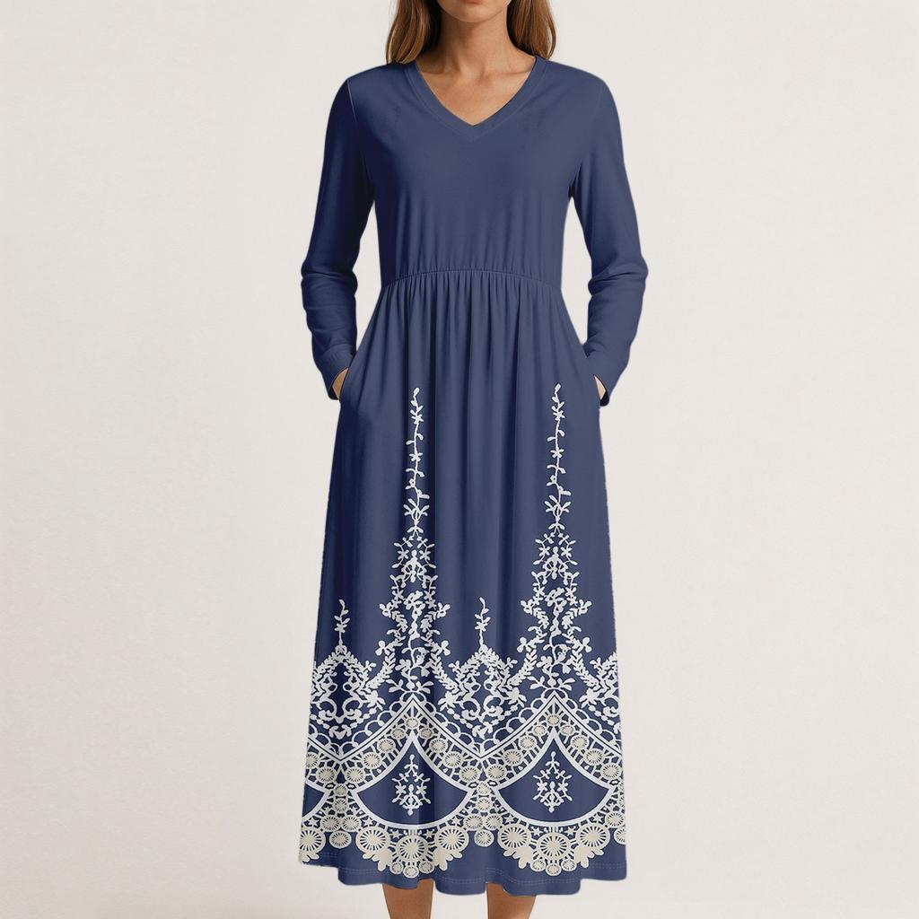 Платье для женщин длинное бохо пляжное платье элегантное макси-платье V-образный вырез длинный рукав платье с карманами