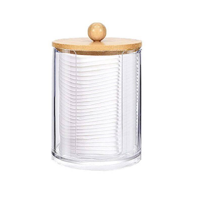 Cotton Swab Organizer with Bamboo Lid Clear Plastic Apothecary Jar for Bathroom Vanity Makeup Storage