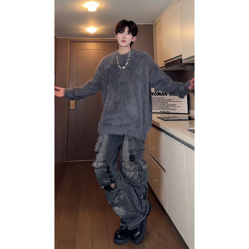 Mens Loose Fit Round Neck Knit Sweater Fuzzy Dark Gray Mohair Blend Warm Fall Winter Top
