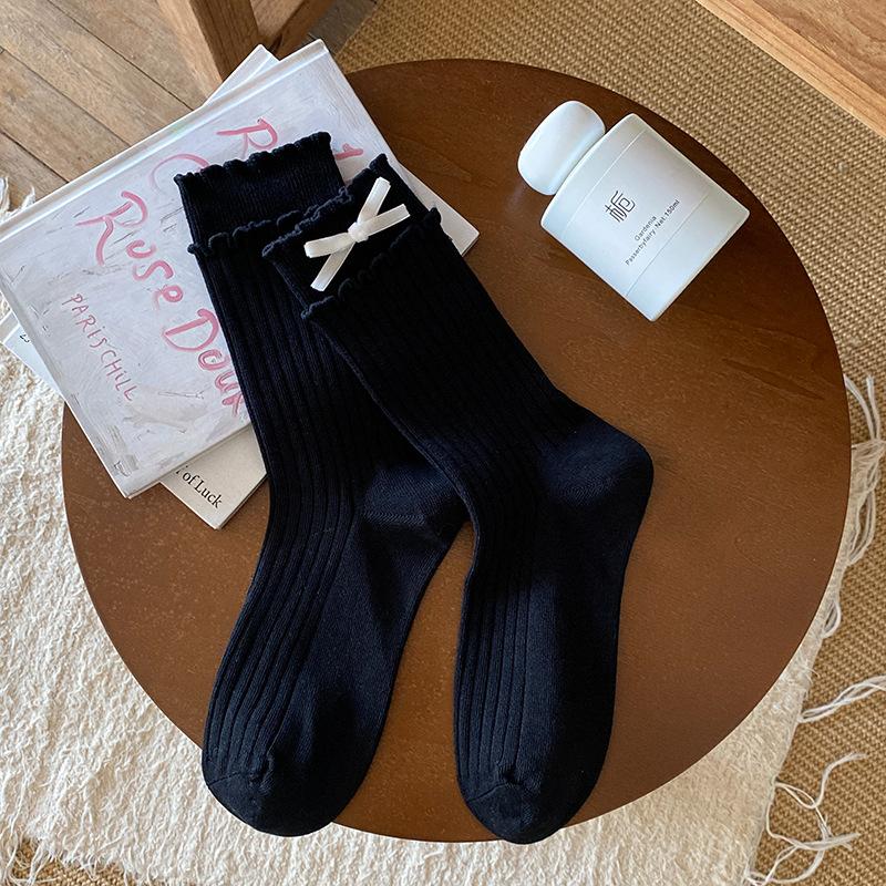 Женские весенне-осенние однотонные милые бархатные носки с бантом и двойным краем 'деревянное ушко' в рубчик