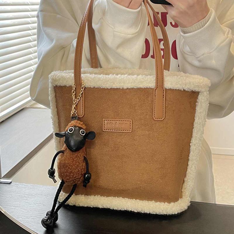 Bucket Bag Women'S Bag Suede Shoulder Portable Commuter Lamb Wool Tote Bag Luggage