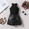 New Summer Girls' Striped Vest Top + PU Leather Shorts Skirt For Small And Medium-sized Children