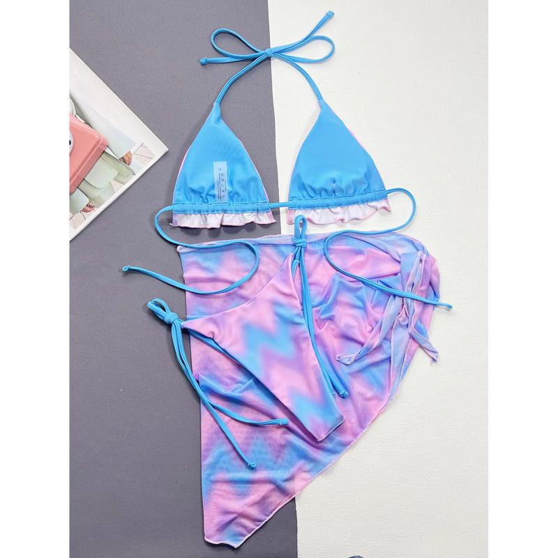 Красочный принт, 3 шт., высокая юбка с завязками, комплект бикини, женский купальник, стринги на шнуровке, купальник, купальный костюм с крестообразным нажатием
