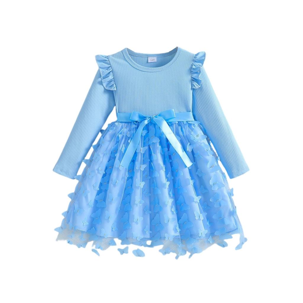 Girls' 3D Bow Dress - Long Sleeve Tulle Belted Gown