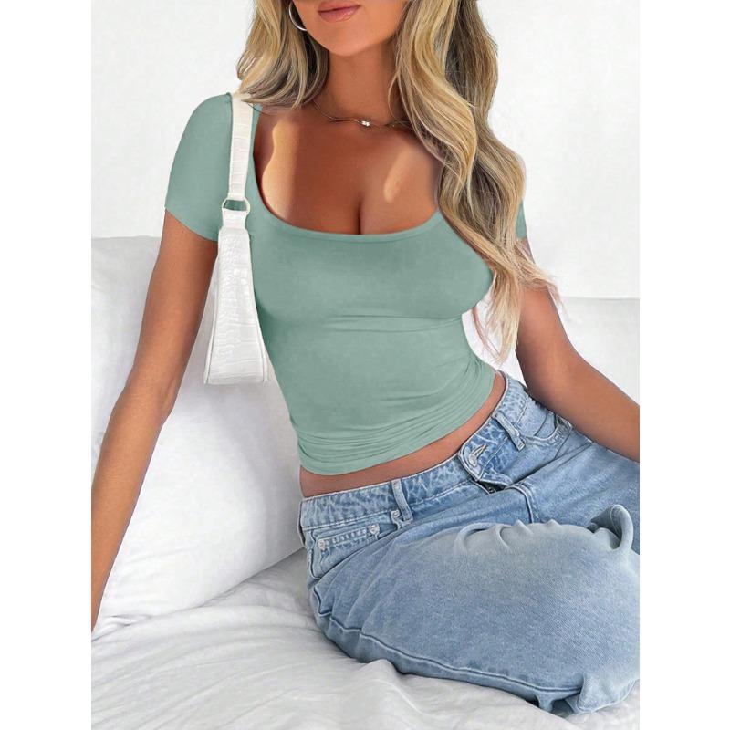 Summer Women Y2K Solid Colour U Neck Sexy Slim Showing Neckline Short Sleeve Women's T-Shirt