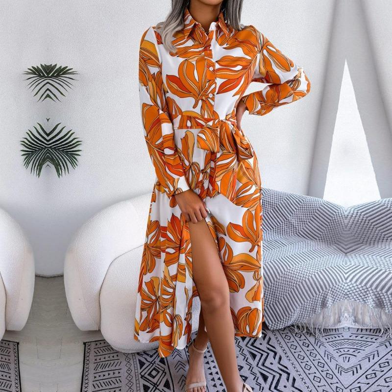 Women Spring Summer Contrast Floral Polo Collar Lace Up Shirt Dress For Ladies Single Breasted Long Dress