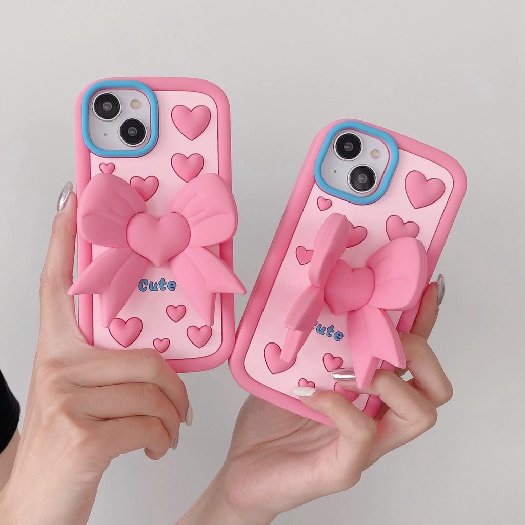 Cute Cartoon 3D Bow-knot Bracket Phone Case for iPhone 11 12 13 14 15 Pro Max 12 Pro 13 Pro 14 Pro Max Anti-drop Soft Silicone Cover