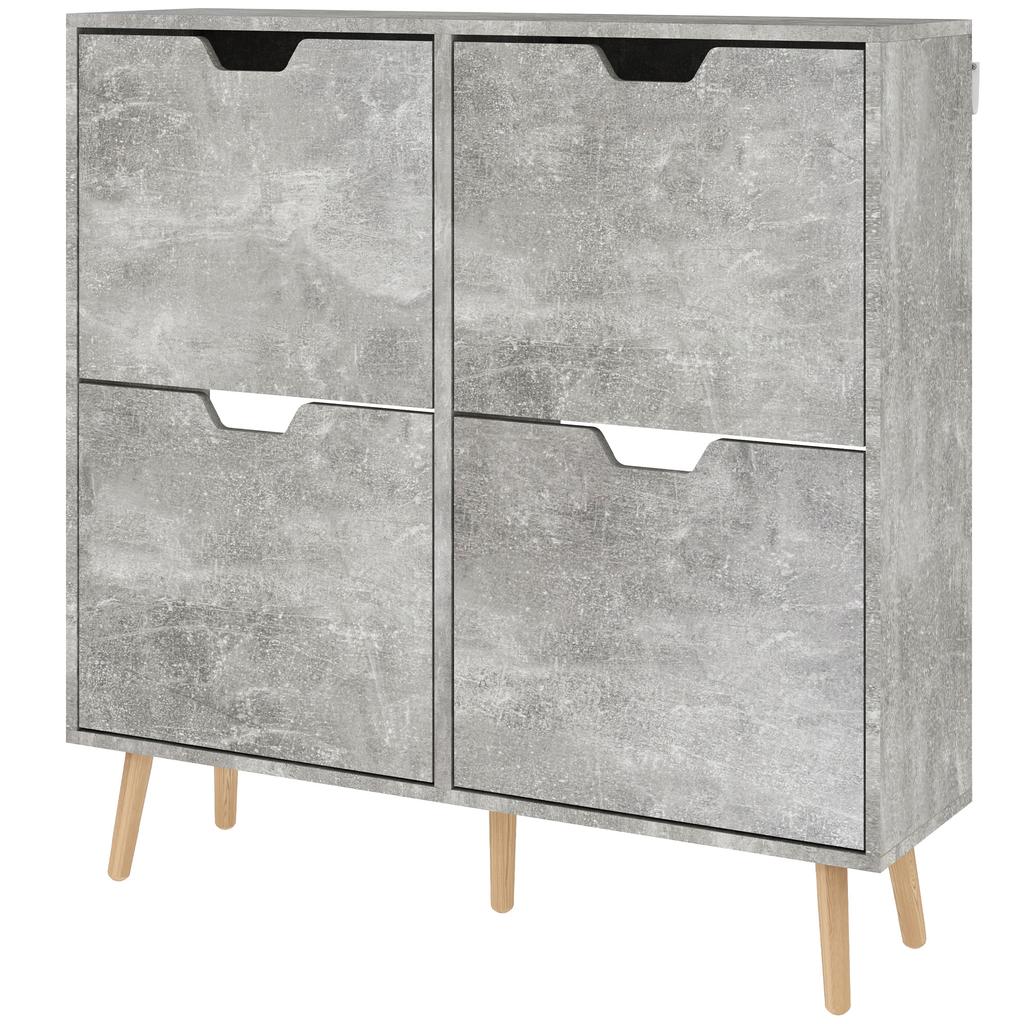 Shoe Cabinet with 4 Flip-Down Drawers on 2 Levels for 16 Pairs, Wooden, 95x26x95 cm, Grey