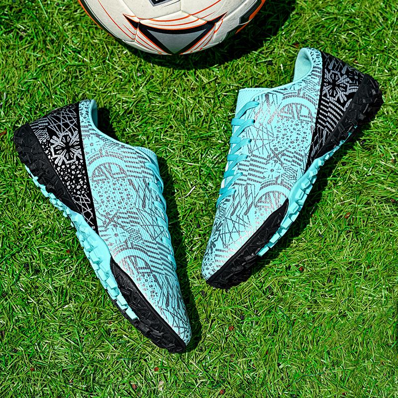 Мужские/женские синие и белые футбольные бутсы на резиновой мягкой подошве с короткими ногтями и искусственным покрытием, молодежные футбольные бутсы