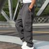 Men Cargo Pants Multi Pockets Drawstring Elastic Waist Solid Color Loose Wide Leg Straight Soft Streetwear Full Length Men Long