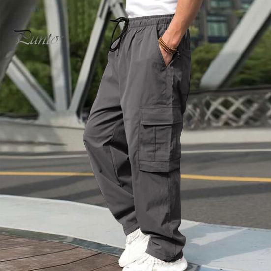 Men Cargo Pants Multi Pockets Drawstring Elastic Waist Solid Color Loose Wide Leg Straight Soft Streetwear Full Length Men Long
