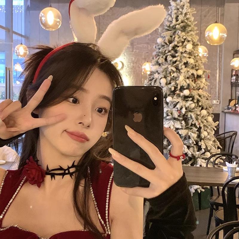 Красные бархатные кроличьи ушки Рождественский ободок – Праздничный нишевый аксессуар для волос