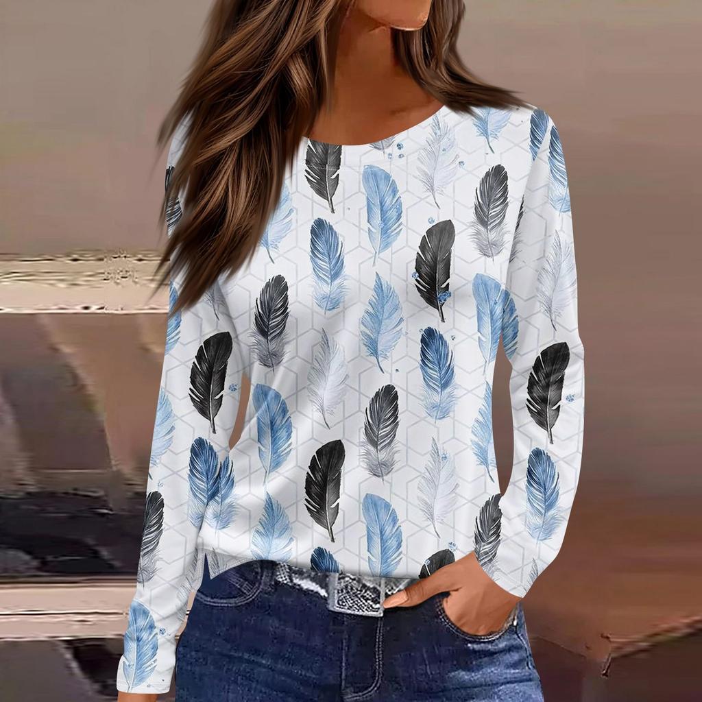 Женская модная повседневная свободная футболка с принтом и круглым вырезом с разрезом и длинным рукавом, женский топ