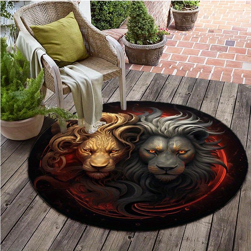 Grey Yellow Lion Round Rug Floor Mat Doorway Rug With Nonslip Backing Outdoor Patio Camping Rug Floor Mat Living Room Bedroom Decoration
