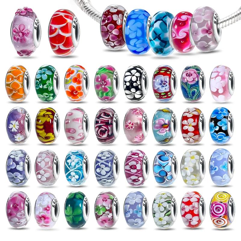 Copper Colorful Flower Series Murano Glass Beads Luxury Charm Fit Original Braceletdiy Fine Jewelry Gift For Women