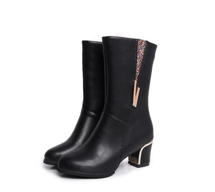 Warm Women Boots PU Leathe High Heels Autumn Shoes Woman Mid-Calf Boots Female Fashion Boots Zipper Casual Boots Mujer