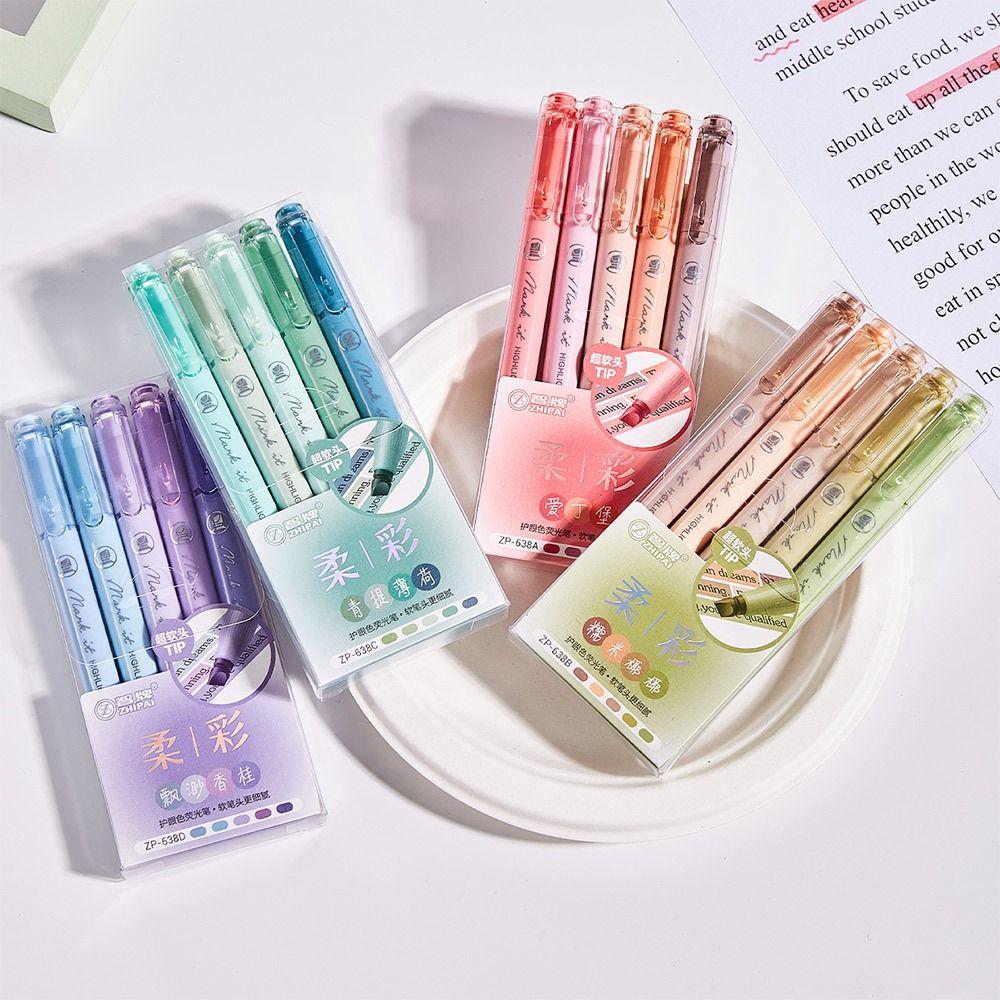 5pcs Pastel Colors Fluorescent Pen Dual Tip Colored Mark Pen Smudge-Proof Drawing Pen Student Use